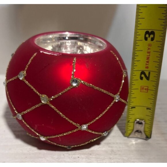 Red Glass Tealight Holder With Gold & Silver Glitter Accents 2.75" - Picture 5 of 7